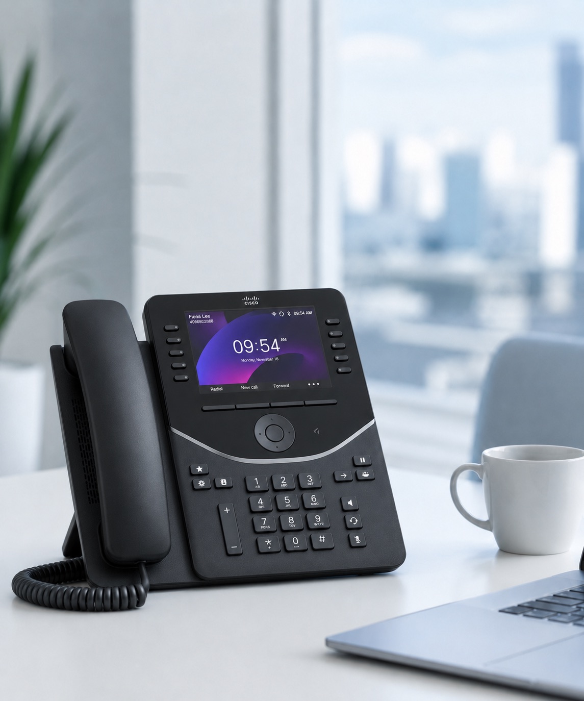 Cisco desk phone on a clean office desk